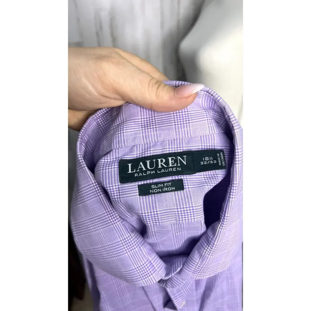Lauren Ralph Lauren Mens Size 16.5 Slim Fit Purple Plaid Long Sleeve Dress Shirt - Picture 5 of 5